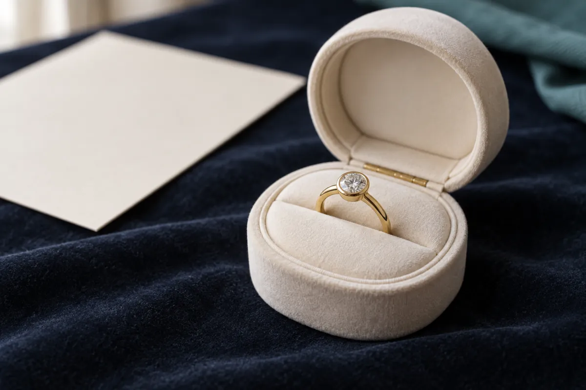 Gold solitaire diamond ring in an open cream velvet box on navy velvet, beside a blank sheet of cream paper.