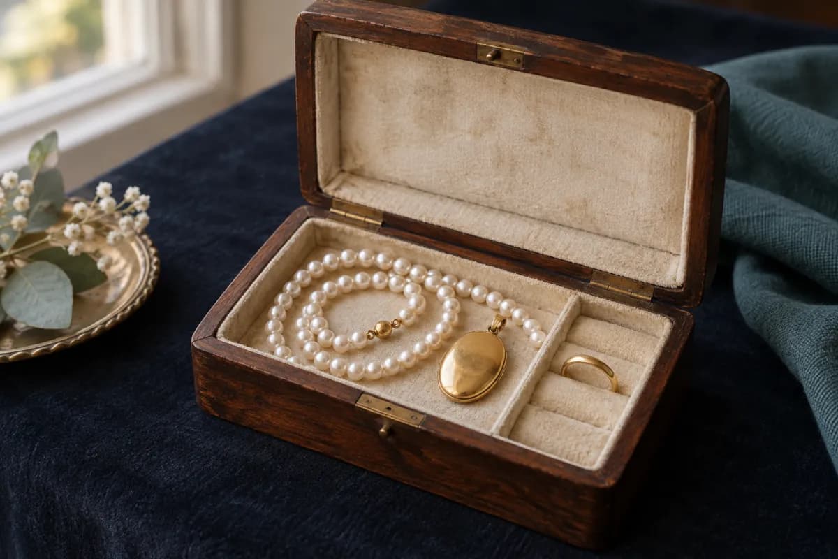 Open wooden jewellery box containing a pearl necklace, gold locket and gold band.
