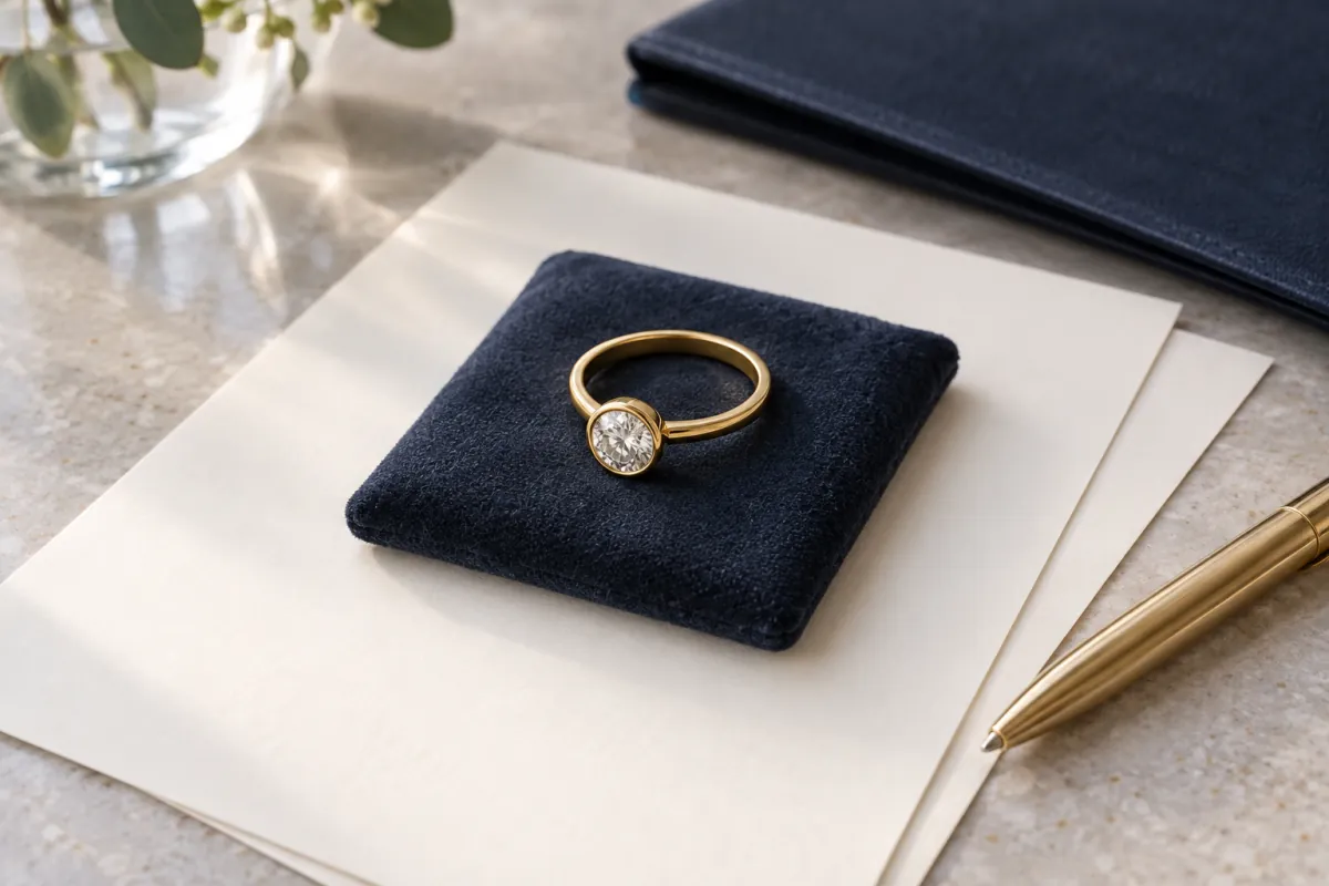 Gold diamond ring on a navy pad over blank cream paper, beside a gold pen.