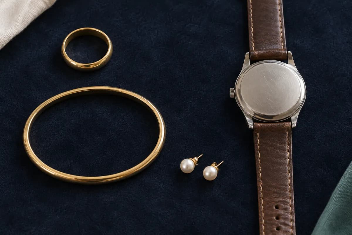 Gold band, gold bangle, pearl stud earrings and steel wristwatch with its plain caseback facing upwards, arranged on navy velvet.