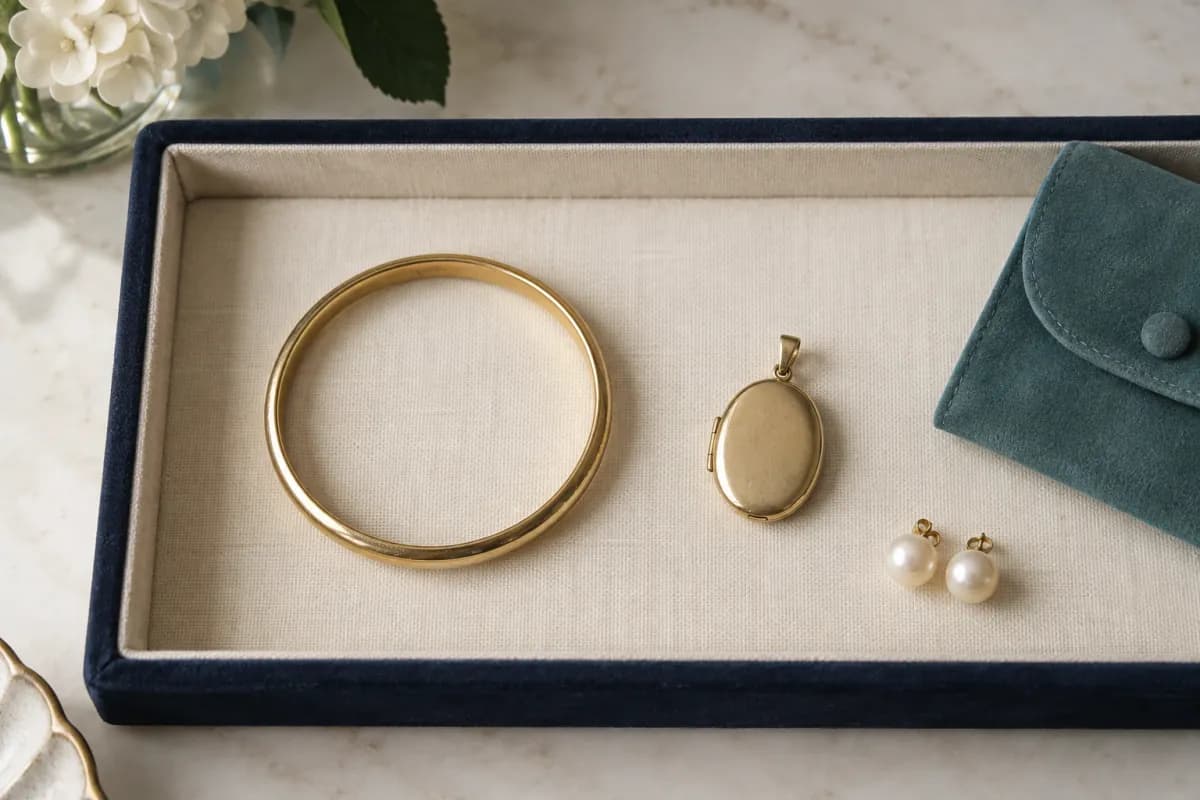 Gold bangle, oval locket and pearl earrings arranged separately in a cream jewellery tray.