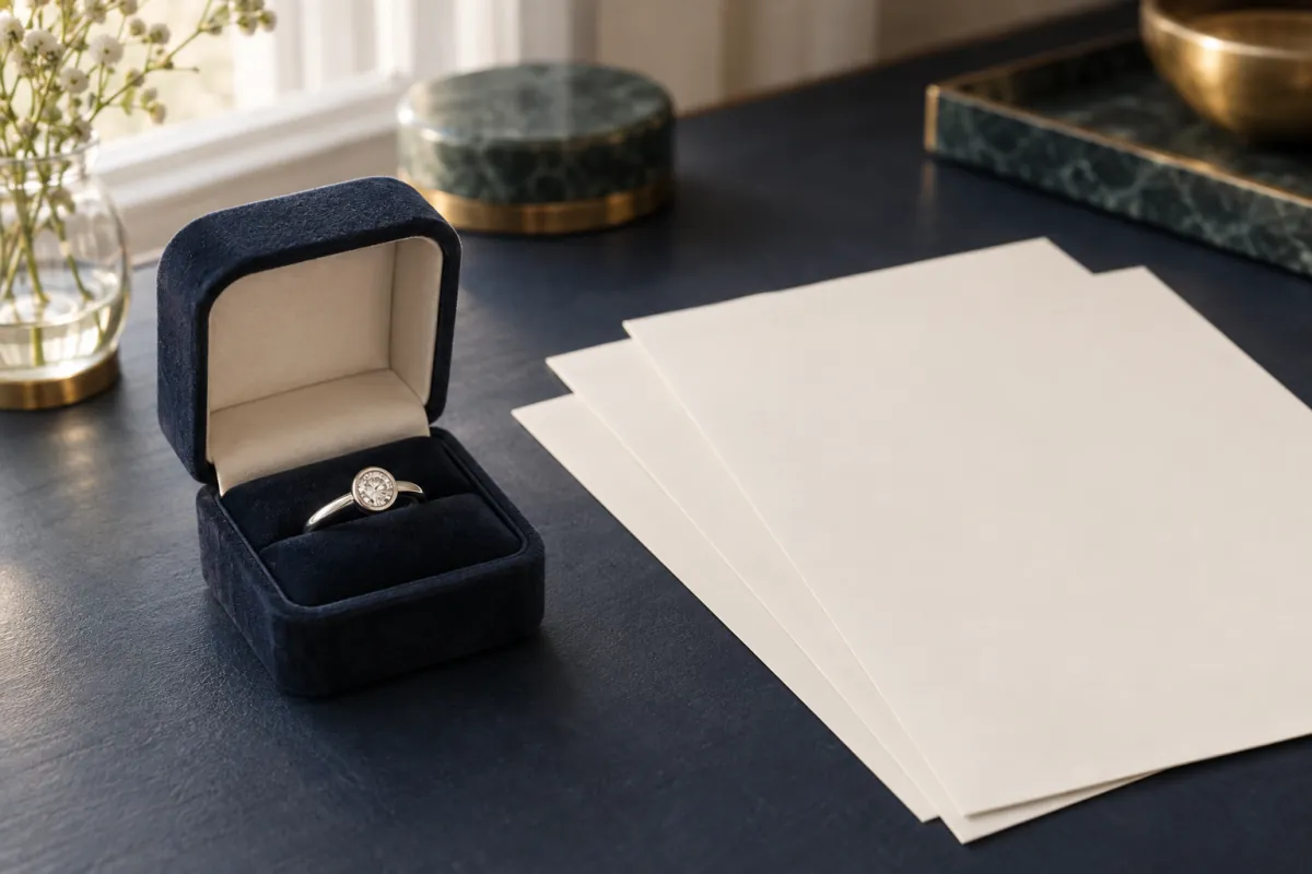 Diamond ring in an open navy box beside three overlapping sheets of blank cream paper.