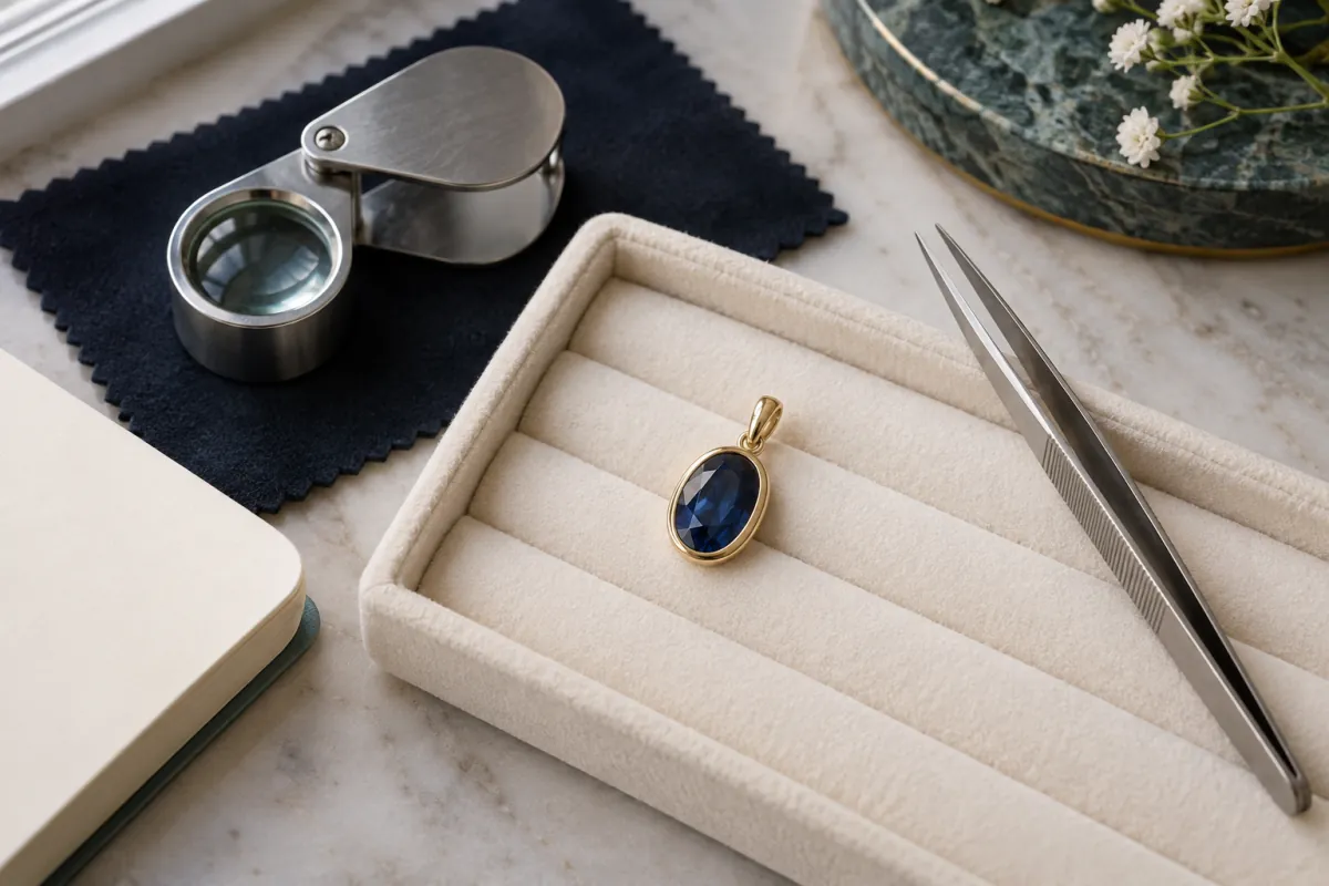 Blue gemstone pendant in a gold setting on a cream tray beside a loupe and tweezers.