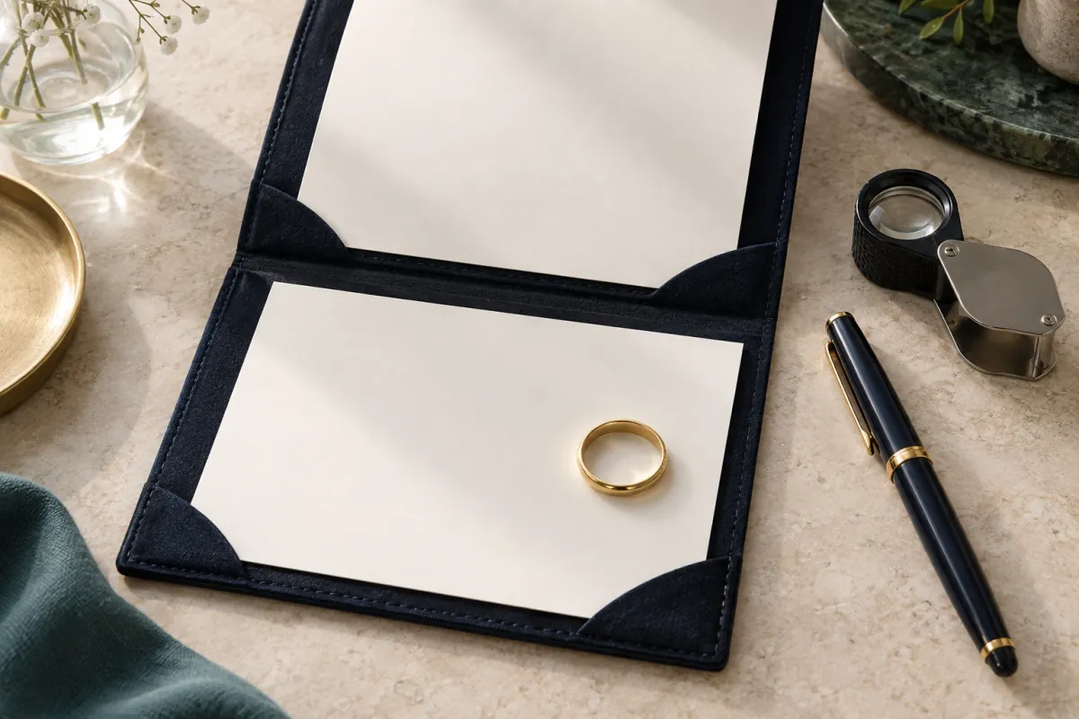 Gold band on blank paper in an open navy document wallet, beside a pen and loupe.