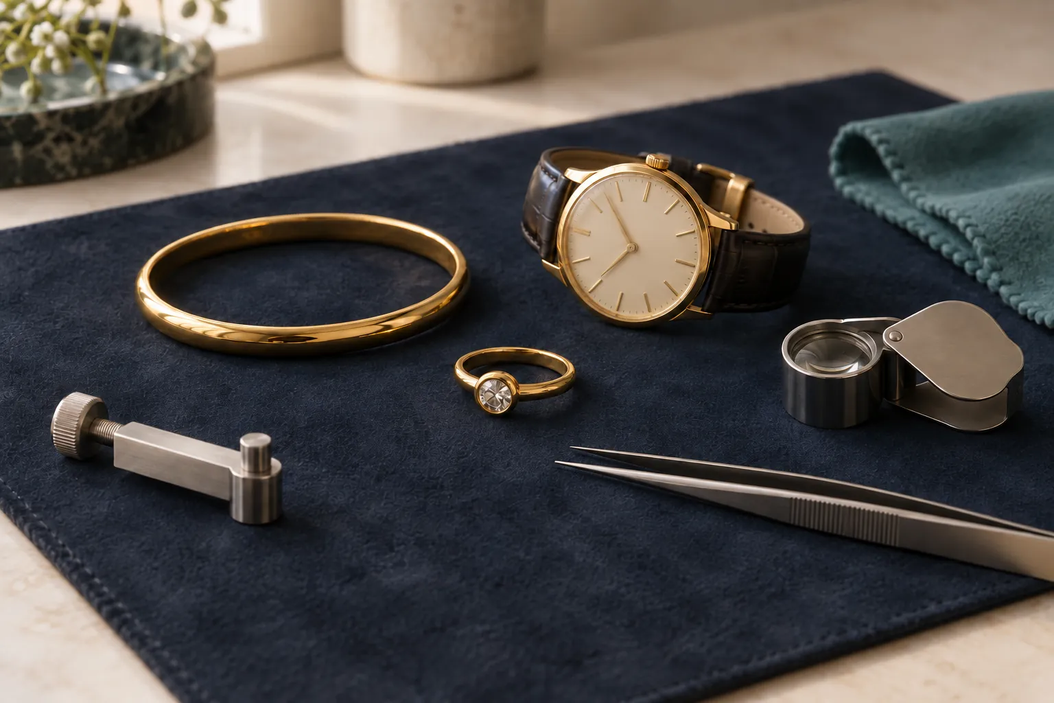 Gold ring, bangle and wristwatch beside a jeweller's loupe, tweezers and measuring gauge on a navy mat.