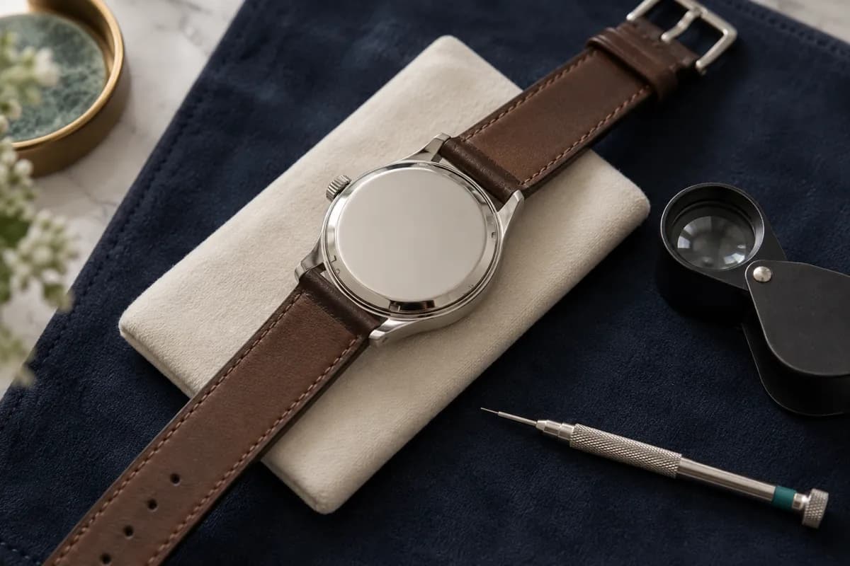 Steel wristwatch with its plain caseback facing upwards, beside a loupe and watchmaker's screwdriver.
